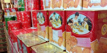 Yogyakarta, Indonesia - April 5, 2019: Display Khong Guan biscuit cans at the supermarket. Indonesians always buy it for Eid al-Fitr.