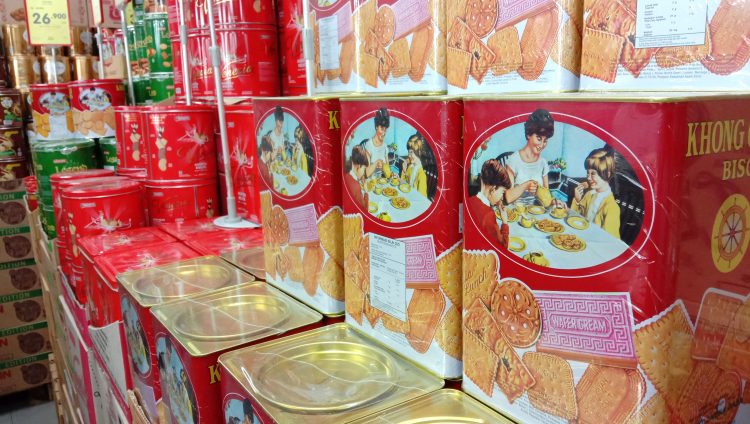 Yogyakarta, Indonesia - April 5, 2019: Display Khong Guan biscuit cans at the supermarket. Indonesians always buy it for Eid al-Fitr.