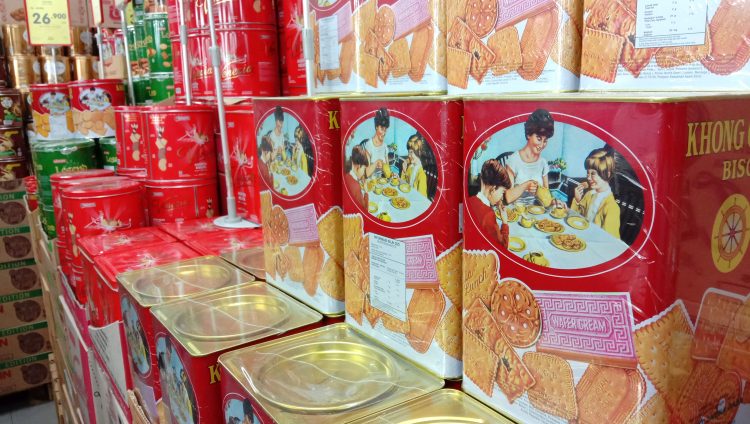 Yogyakarta, Indonesia - April 5, 2019: Display Khong Guan biscuit cans at the supermarket. Indonesians always buy it for Eid al-Fitr.