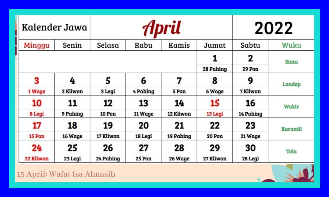 2022 kalender april jawa Tanggal 7