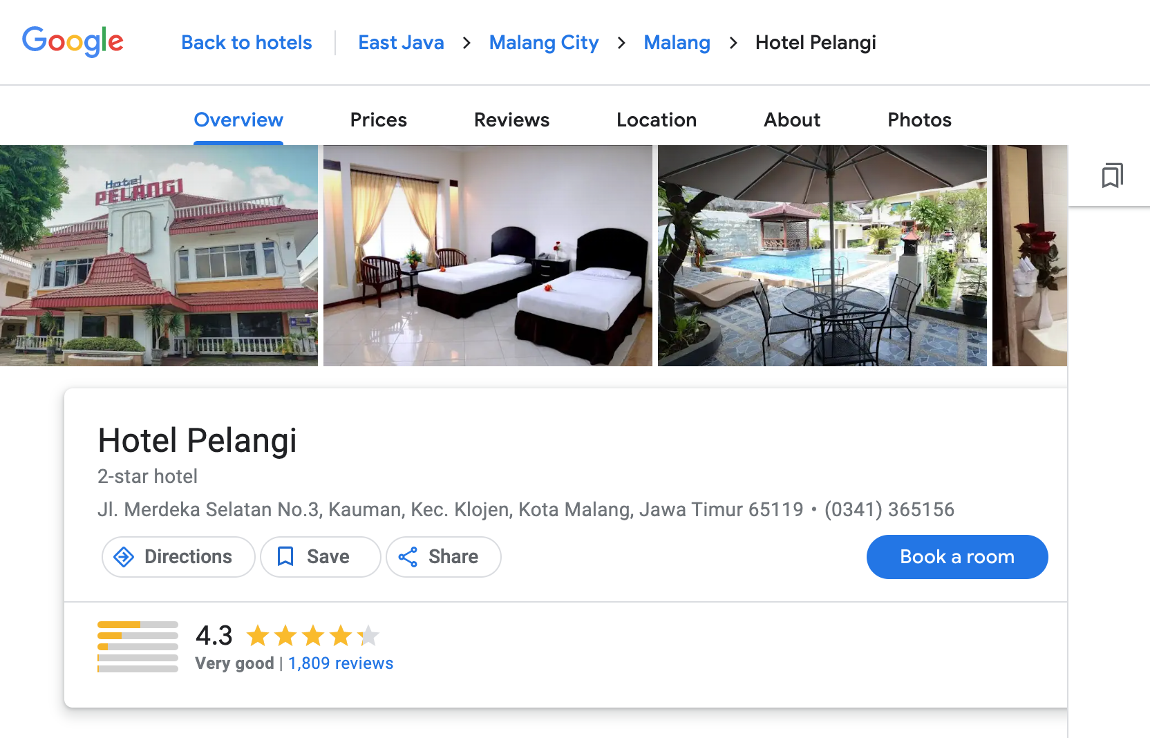 Review Google : Hotel Pelangi