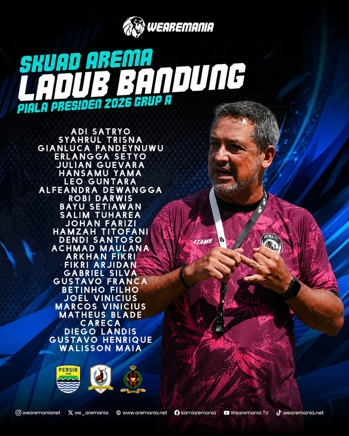 Skuad Arema untuk Piala Presiden 2026 Terungkap, Marcos Santos Boyong 27 Pemain ke Bandung